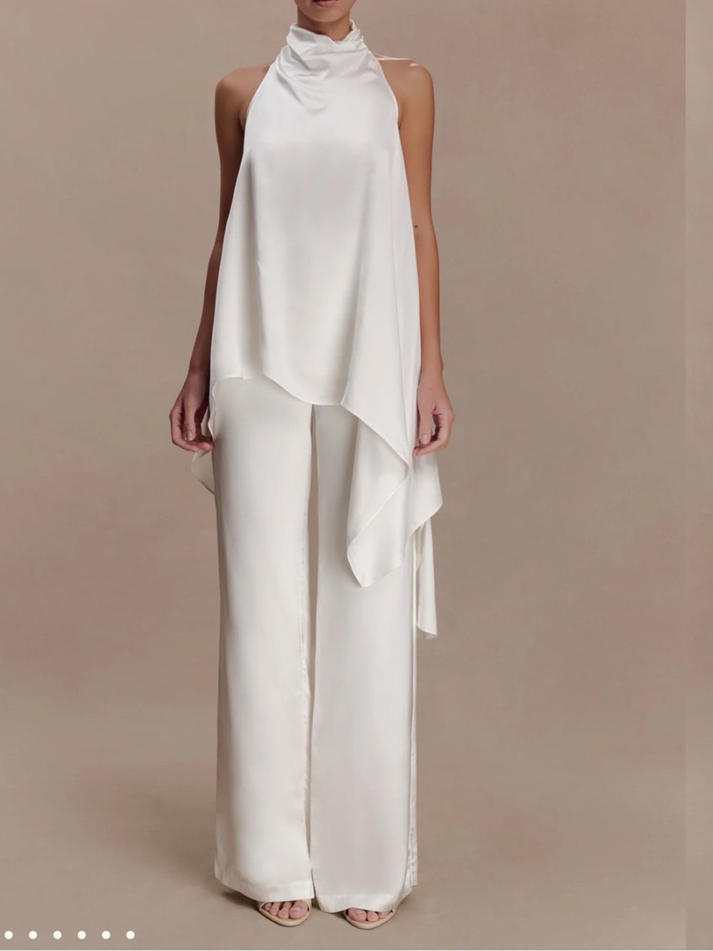 Meshki Ivory Asymmetrical Satin Halter Top and Pants Matching Set